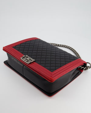 Chanel Black 
Red Large Boy Bag in Lambskin Leather with Ruthenium Hardware