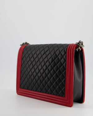 Chanel Black 
Red Large Boy Bag in Lambskin Leather with Ruthenium Hardware