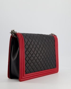 Chanel Black 
Red Large Boy Bag in Lambskin Leather with Ruthenium Hardware