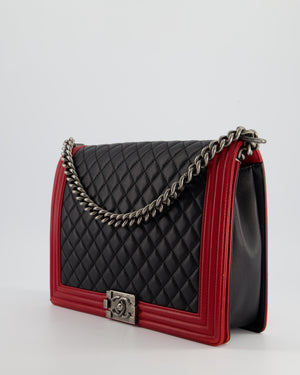 Chanel Black 
Red Large Boy Bag in Lambskin Leather with Ruthenium Hardware