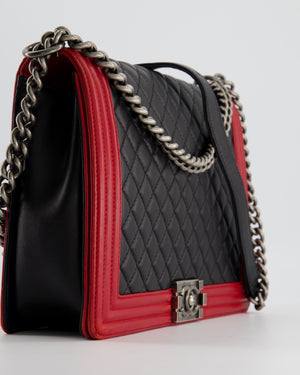 Chanel Black 
Red Large Boy Bag in Lambskin Leather with Ruthenium Hardware