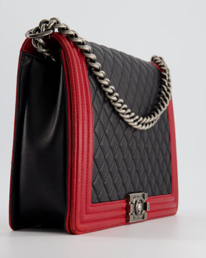 Chanel Black 
Red Large Boy Bag in Lambskin Leather with Ruthenium Hardware