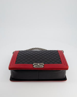 Chanel Black 
Red Large Boy Bag in Lambskin Leather with Ruthenium Hardware