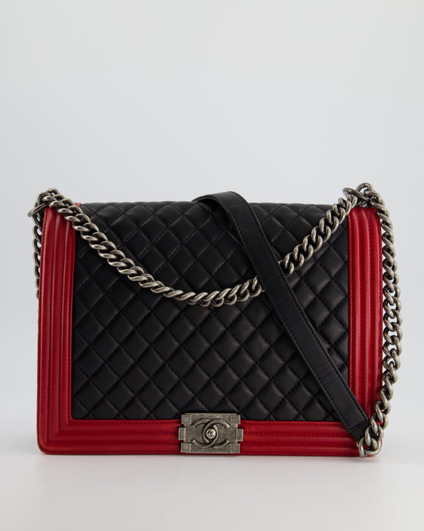 Chanel Black 
Red Large Boy Bag in Lambskin Leather with Ruthenium Hardware