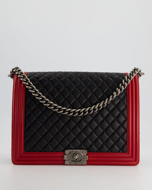 Chanel Black 
Red Large Boy Bag in Lambskin Leather with Ruthenium Hardware