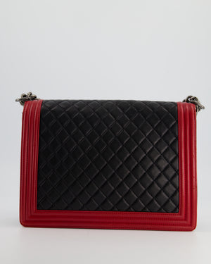 Chanel Black 
Red Large Boy Bag in Lambskin Leather with Ruthenium Hardware