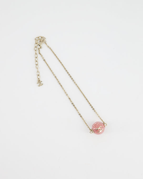 Chanel Champagne Gold Necklace with Pink Ball Pendant