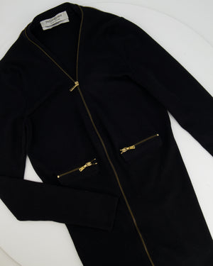 Saint Laurent Fall Winter 2008 Black Midi Knit Dress with Gold Logo Zip Details Size XS (UK 6)