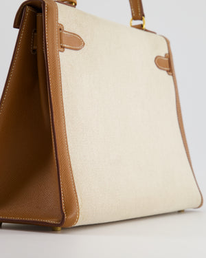 *HOT VINTAGE* Hermès Kelly 32cm Replica Jewelry
 Bag in Ecru Beige Canvas and Gold Courchevel Leather with Gold Hardware