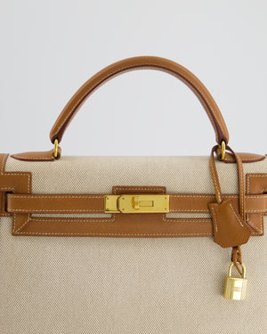 *HOT VINTAGE* Hermès Kelly 32cm Replica Jewelry
 Bag in Ecru Beige Canvas and Gold Courchevel Leather with Gold Hardware