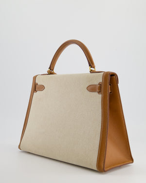 *HOT VINTAGE* Hermès Kelly 32cm Replica Jewelry
 Bag in Ecru Beige Canvas and Gold Courchevel Leather with Gold Hardware