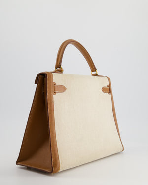 *HOT VINTAGE* Hermès Kelly 32cm Replica Jewelry
 Bag in Ecru Beige Canvas and Gold Courchevel Leather with Gold Hardware