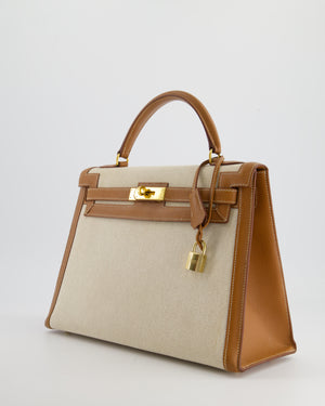 *HOT VINTAGE* Hermès Kelly 32cm Replica Jewelry
 Bag in Ecru Beige Canvas and Gold Courchevel Leather with Gold Hardware