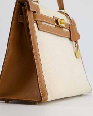 *HOT VINTAGE* Hermès Kelly 32cm Replica Jewelry
 Bag in Ecru Beige Canvas and Gold Courchevel Leather with Gold Hardware