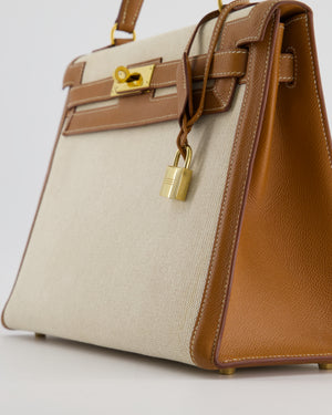 *HOT VINTAGE* Hermès Kelly 32cm Replica Jewelry
 Bag in Ecru Beige Canvas and Gold Courchevel Leather with Gold Hardware