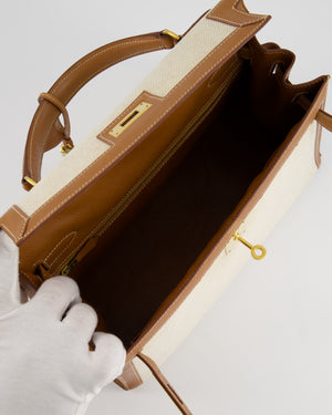 *HOT VINTAGE* Hermès Kelly 32cm Replica Jewelry
 Bag in Ecru Beige Canvas and Gold Courchevel Leather with Gold Hardware