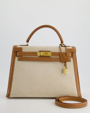 *HOT VINTAGE* Hermès Kelly 32cm Replica Jewelry
 Bag in Ecru Beige Canvas and Gold Courchevel Leather with Gold Hardware