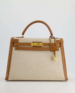 *HOT VINTAGE* Hermès Kelly 32cm Replica Jewelry
 Bag in Ecru Beige Canvas and Gold Courchevel Leather with Gold Hardware