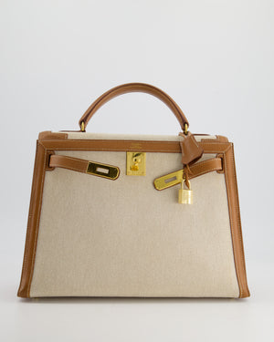 *HOT VINTAGE* Hermès Kelly 32cm Replica Jewelry
 Bag in Ecru Beige Canvas and Gold Courchevel Leather with Gold Hardware