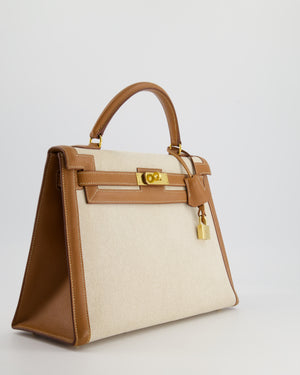 *HOT VINTAGE* Hermès Kelly 32cm Replica Jewelry
 Bag in Ecru Beige Canvas and Gold Courchevel Leather with Gold Hardware