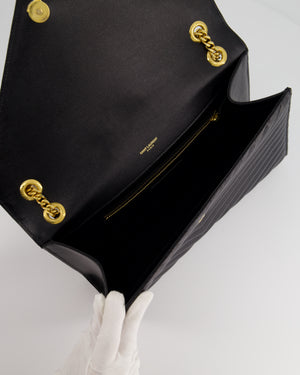 Saint Laurent Black Envelope Shoulder Bag in Grained Calfskin With Gold Hardware