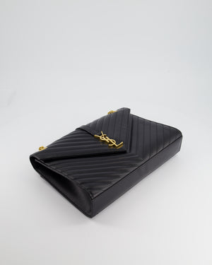 Saint Laurent Black Envelope Shoulder Bag in Grained Calfskin With Gold Hardware