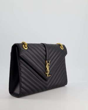 Saint Laurent Black Envelope Shoulder Bag in Grained Calfskin With Gold Hardware