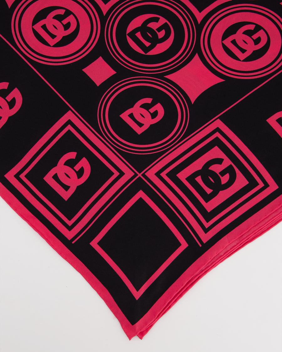 Dolce 
Gabbana Black and Pink Logo Printed Silk Scarf