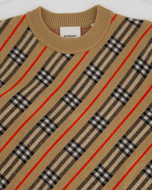 Burberry Camel Merino Wool Jumper with Black 
Red Chequered Print Size XS (UK 6)