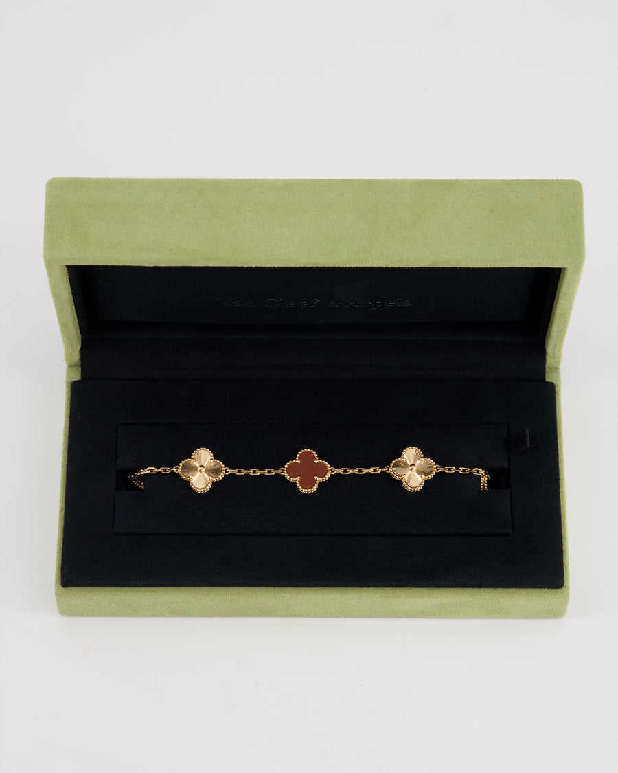 *SUPER RARE* Van Cleef 
Arpels Vintage Alhambra 5 Motif Bracelet in 18K Rose Gold Guilloche with Carnelain