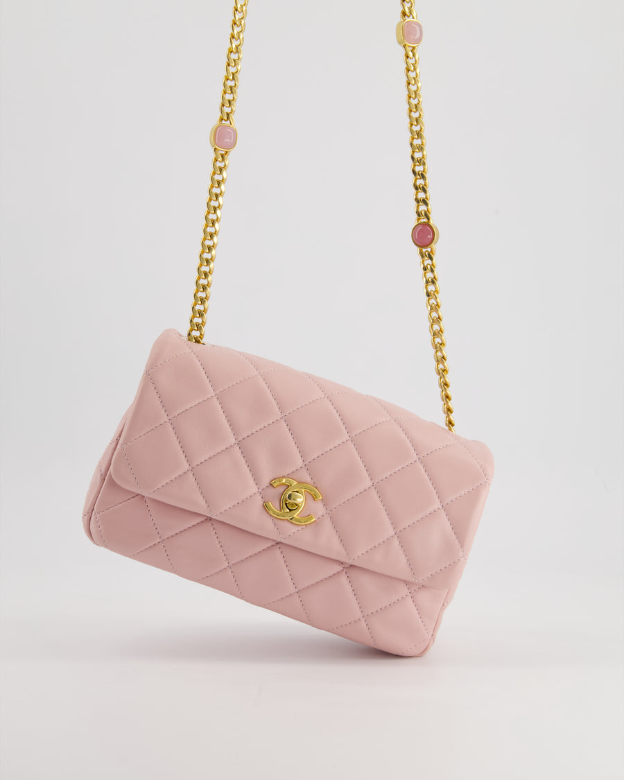 Chanel Baby Pink Mini Flap Bag with Pastel Embellished Chain Detail in Lambskin Leather and Gold Hardware