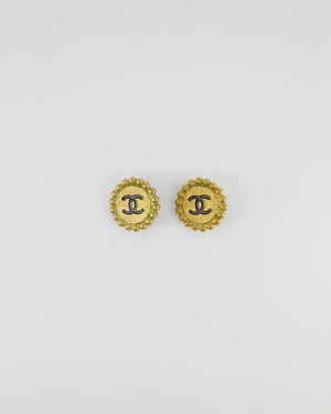 Chanel Vintage Brushed Gold Round Clip-On Earrings with Black CC Logo Detail