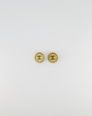 Chanel Vintage Brushed Gold Round Clip-On Earrings with Black CC Logo Detail