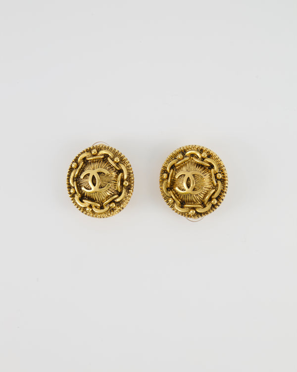 Chanel Vintage Yellow Gold Round Abstract CC Logo Clip On Earrings