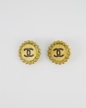 Chanel Vintage Brushed Gold Round Clip-On Earrings with Black CC Logo Detail