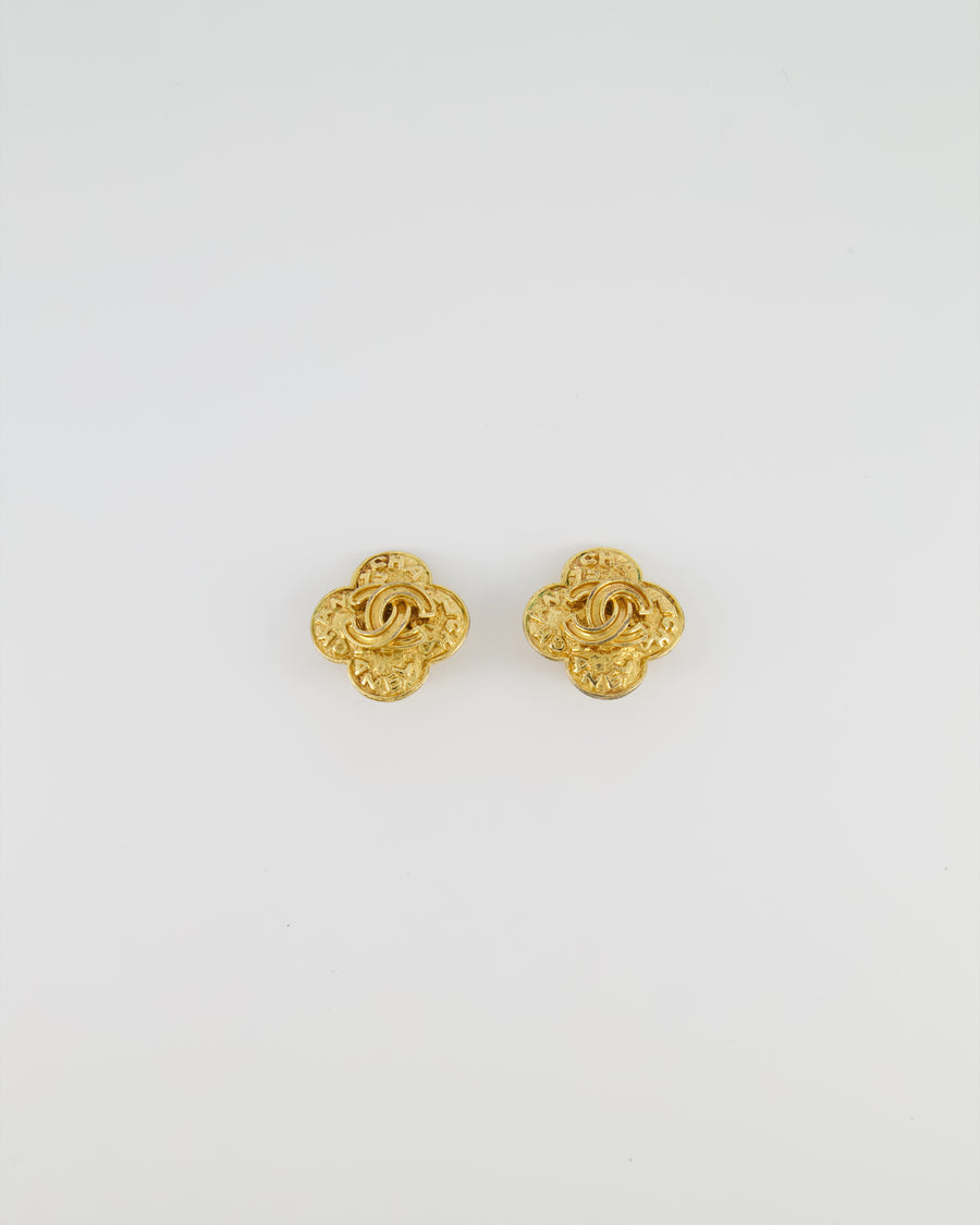 Chanel Vintage Yellow Gold Flower with CC and Chanel Logo Detail Clip-On Earrings