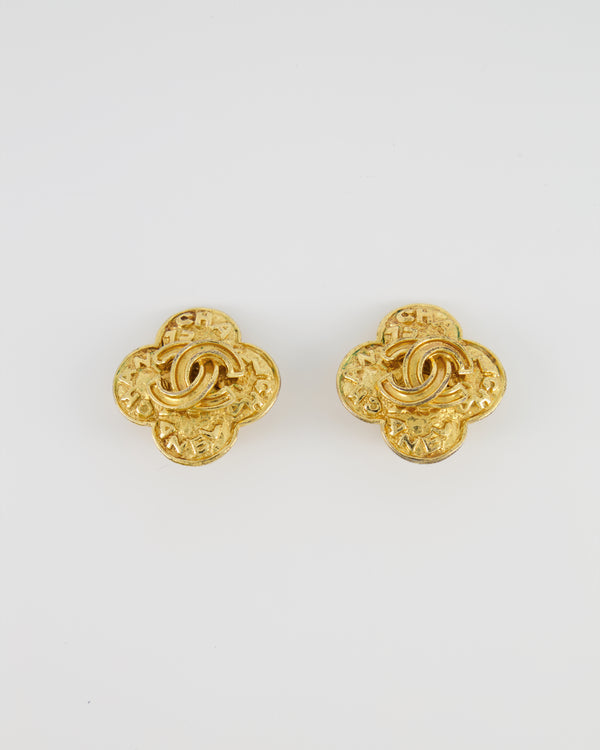 Chanel Vintage Yellow Gold Flower with CC and Chanel Logo Detail Clip-On Earrings