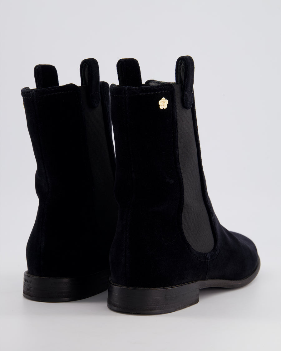 Chanel Black Velvet High Top Boots with Gold Camellia Detail Size EU 40.5