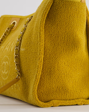 *HOT* Chanel Mustard Yellow Small Deauville Tote Bag in Velvet Tweed with Champagne Gold Hardware