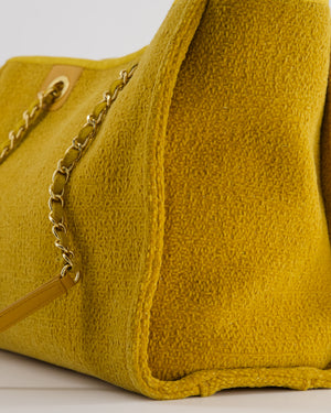 *HOT* Chanel Mustard Yellow Small Deauville Tote Bag in Velvet Tweed with Champagne Gold Hardware