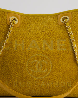 *HOT* Chanel Mustard Yellow Small Deauville Tote Bag in Velvet Tweed with Champagne Gold Hardware