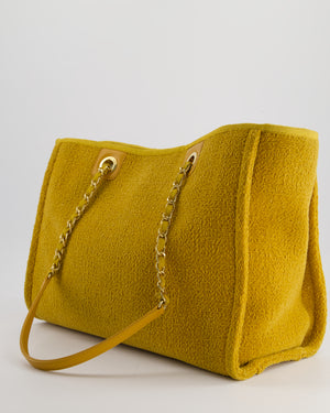 *HOT* Chanel Mustard Yellow Small Deauville Tote Bag in Velvet Tweed with Champagne Gold Hardware