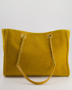 *HOT* Chanel Mustard Yellow Small Deauville Tote Bag in Velvet Tweed with Champagne Gold Hardware