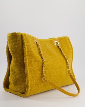 *HOT* Chanel Mustard Yellow Small Deauville Tote Bag in Velvet Tweed with Champagne Gold Hardware