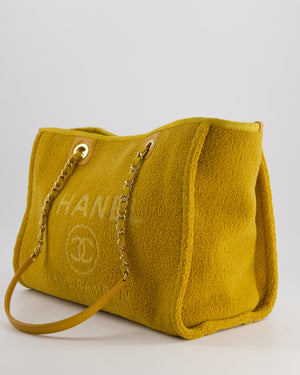 *HOT* Chanel Mustard Yellow Small Deauville Tote Bag in Velvet Tweed with Champagne Gold Hardware