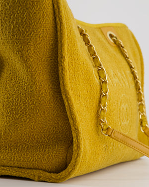 *HOT* Chanel Mustard Yellow Small Deauville Tote Bag in Velvet Tweed with Champagne Gold Hardware