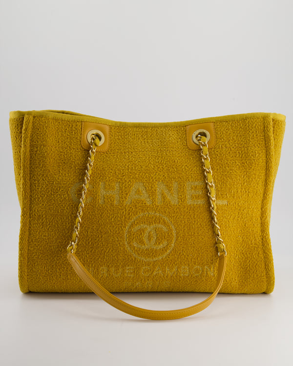 *HOT* Chanel Mustard Yellow Small Deauville Tote Bag in Velvet Tweed with Champagne Gold Hardware