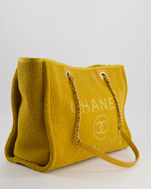 *HOT* Chanel Mustard Yellow Small Deauville Tote Bag in Velvet Tweed with Champagne Gold Hardware