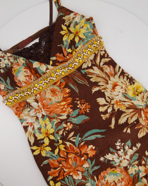 Dolce 
Gabbana Brown, Orange Yellow Floral  Printed Midi Dress with Embellished Waistline Detail Size IT 44 (UK 12)