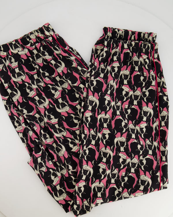 Gucci Pink and Black Silk Bulldog Printed Trousers Size IT 42 (UK 10)